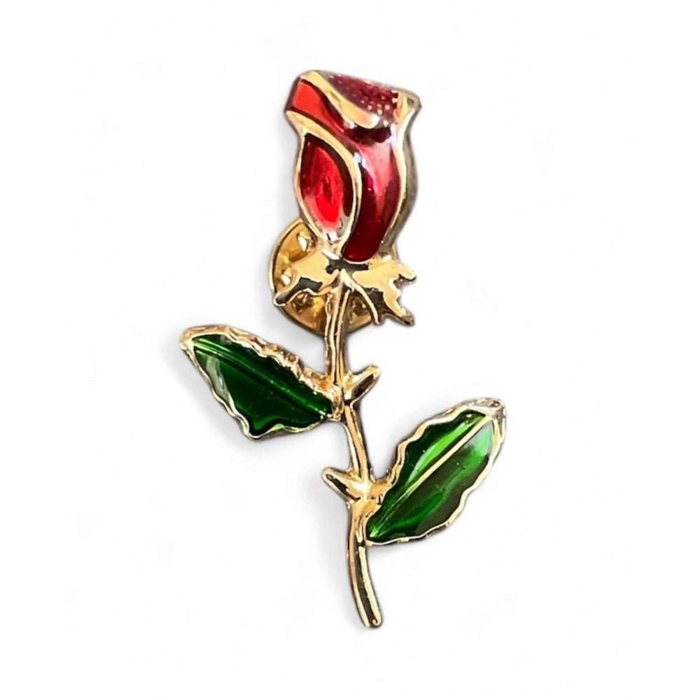 Rose Flower Brooch Lapel Pin Enamel Red Green Gold Tone Women Fashion Accessory
